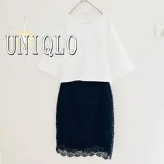 UNIQLO ユニクロ　花柄レースタイト膝丈スカート（M）ネイビー　上品