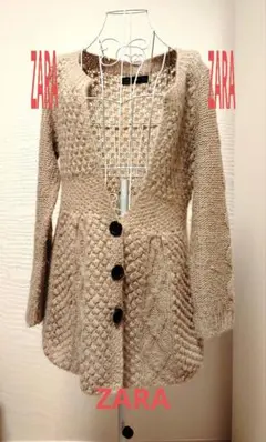 ZARA　ニット　ケーブル編み　ロングカーディガン　ベージュ