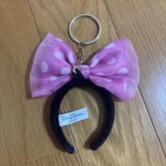 ディズニー リボンカチューシャキーホルダー ミニーちゃん ピンク水玉