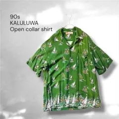 90s KALULUWA 開襟レーヨン ハワイアンシャツ ヨット柄 総柄 50sのサムネイル