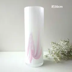 昭和レトロ　カメイガラス　ピンクマーブル×白　円柱花瓶　フラワーベース　花器のサムネイル