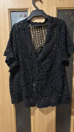 黒 レース編み 半袖カーディガン　大きいサイズ