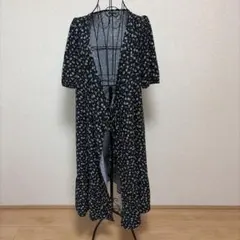 デイジー　半端丈袖　ロングカーディガン　フレアワンピ風　Lサイズ　黒×白小花柄