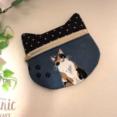 猫型フラットポーチ まったり三毛猫柄ネイビー
