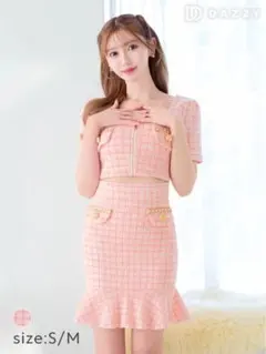 ラメツイードチェック フリルマーメイド ミニキャバドレス ピンク