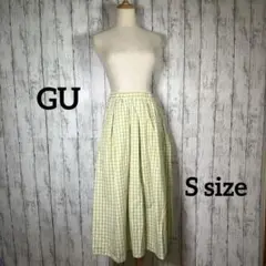 【GU】タックフレアミディスカート(ギンガム)【S】黄緑 チェック ウエストゴム