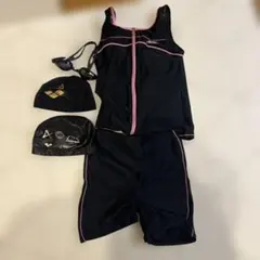 ellesse 競泳用水着 黒・ピンク ゴーグル・キャップ付き