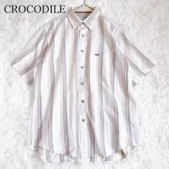 クロコダイル　ポロシャツ　ストライプ　ワニ　半袖　日本製　綿　麻　L