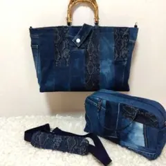 デニムリメイクトートバッグ＆ポーチセット（青）