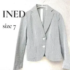 美品INEDイネド　ストライプテーラードジャケット　7号　白青　綿シルク混　春夏