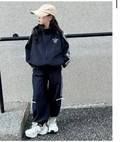 キッズかわいいリボン長袖ジャージ150ネイビー子供セットアップ女の子ダンス練習服