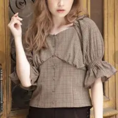 バックリボンチェックブラウス　背中あき　バックオープン