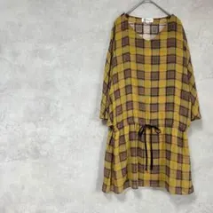 ミッシェルクラン　半袖チュニック　フレアスリーブ　Vネック　リボン　チェック柄