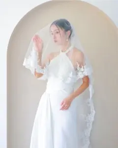 ホワイト レース付きロングウェディングベール