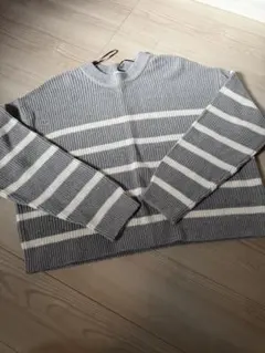 H＆M グレー・ホワイトストライプ クロップドニット L