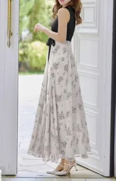 リボンベルト付きニットドッキング花柄ワンピース