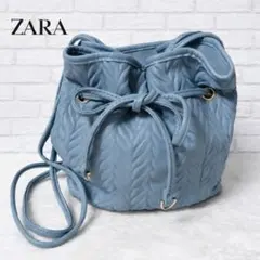 ZARA ヘリンボーン柄ミニバケットバッグ 巾着ショルダーバッグ 水色　完売品