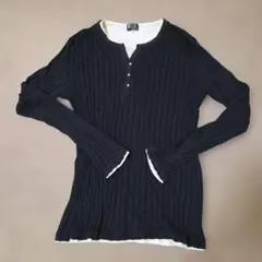 TAKEOKIKUCHI黒 リブ編み 長袖カットソー ヘンリーネックXL