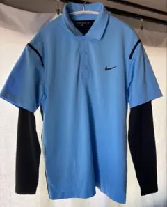 NIKE ナイキゴルフ 長袖ポロシャツ ブルー×黒 重ね着風 DRI-FIT