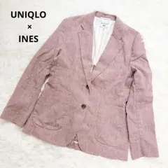 M　ユニクロ × INES チェック ジャケット 赤 緑 綿 麻 秋 羽織 通勤