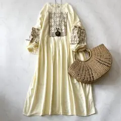 美品 アミナ yul 洗える リネン混 クロリス刺繍 ロングワンピース インド製