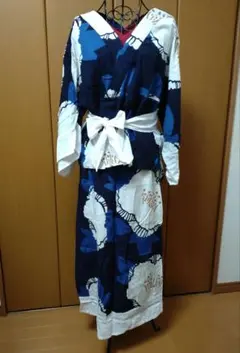 洗える着物 絽 小紋 浴衣にも 綿 藍色 刷毛目模様 トールサイズ 墨流し