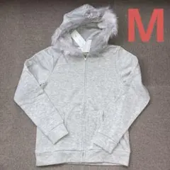 グレー ジップアップ パーカー サイズM 未使用 レディース ファー付きフード