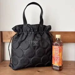 ナイロンオックスドットブラック【SとＭの間サイズ】巾着トートバッグ　ハンドメイド