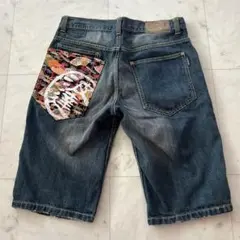 最終価格 波達 ナミタツ 和柄 デニムハーフパンツMサイズ 縮緬ポケット