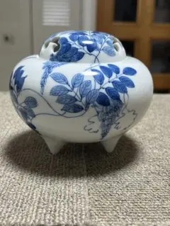 伊万里 鍋島焼 大秀窯 香炉 染付 藤文 手描き三足香炉 陶磁器 仏具
