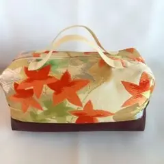 帯リメイクバッグ　ボックス型ポーチ　ハンドメイド
