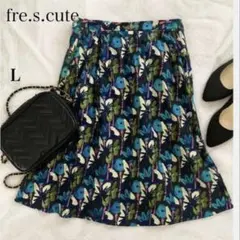 fre.s.cute ボタニカル柄 フレアスカート ネイビー ブルー【L】秋冬