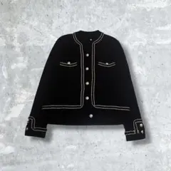 VINTAGE カーディガン ブラック 上品 短丈 金ボタン付き ステッチ感