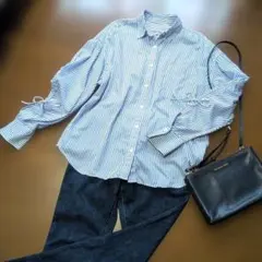 ニコアンド　青と白のストライプ ボタンアップシャツ　L