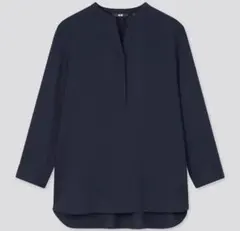 ネイビー レーヨンスキッパーブラウス七分袖　S