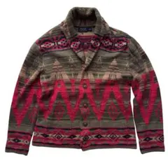 Polo ポロ ラルフローレン カーディガン ネイティブ柄 M グリーン レッド