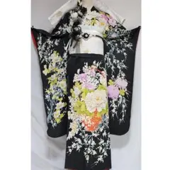 美品】振袖成人式7点セット162cm□正絹黒ブラックグレー成人式前撮り 