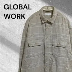 GLOBALWORKコットンブレンドグレンチェックシャツMベージュ/オフホワイト