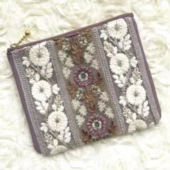 インド刺繍リボン　ポーチ　ファスナー14cm モーブ　パープル