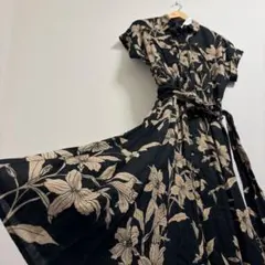 ジェーンデルフィン 蝶 花柄 ロングワンピース バタフライ袖 フレア 40