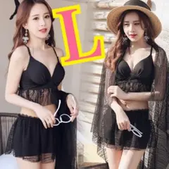 残りわずか　水着　ビキニ　黒　3点セット　L レディース　新品　おしゃれ　パレオ