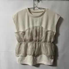 「即日発送」F VIS リブ編みニット　シフォンフリルノースリーブブラウス