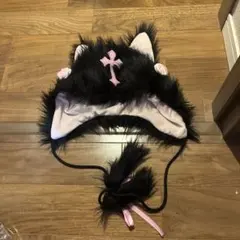 猫耳ファー帽子 黒とピンク