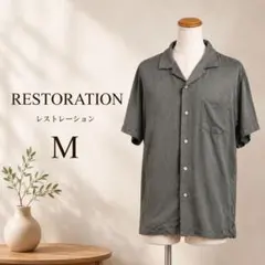 RESTORATION レストレーション カーキグレー 開襟半袖レーヨンシャツ