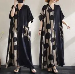 ドット　バイカラー　Vネックワンピース　涼しい　体型カバー　ロングワンピ　海外