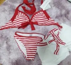 【送料込】 新品 水着 ビキニ 3点セット しましま 赤白 ボーダー