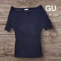 GU【XL】綿混合リブボートネックニット半袖トップス　ブラック