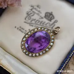 英国アンティーク 1900年頃 12金 天然アメジスト×パール ペンダントトップ