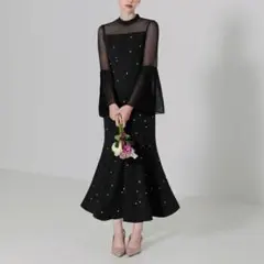美品】ビジューネックスパンコールシアーマーメイドワンピース Mサイズ