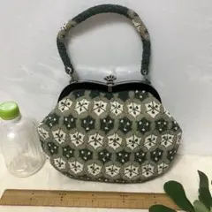 未使用　総ビーズ刺繍　和装ハンドバッグ　薄緑　着物お召紬小紋　グリーン昭和レトロ